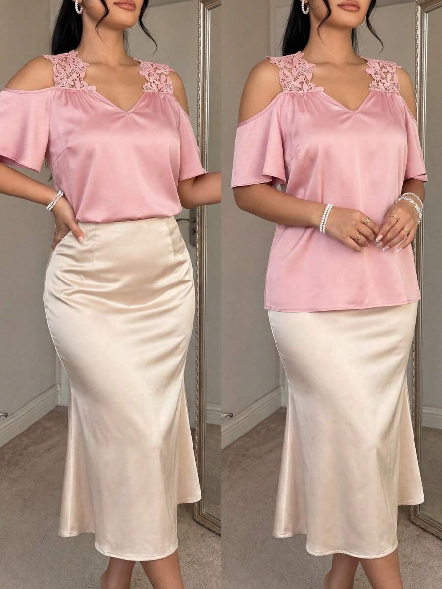 SHEIN Clasi Plus Size Solid Color Open Shoulder Simple Daily Wear Spring/Summer Shirt - Pink - View 1