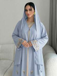 Yasmyna Áo Abaya dài tay có mũ trùm đầu thêu hoa dành cho nữ - Màu xanh nhạt - Xem 4
