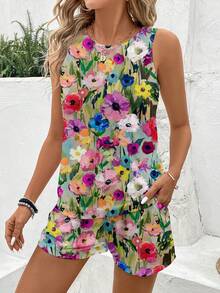 EMERY ROSE Women's Casual Round Neck Tank Top And Shorts 2 Pieces Set, Suitable For Summer - Multicolor - View 4