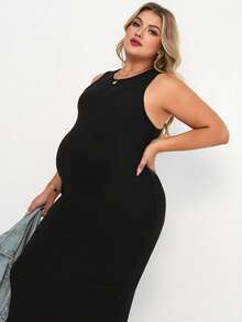 Plussiva Plus Size Pregnant Women's Casual Solid Color Sleeveless Fitted Dress, Summer - Black - View 7