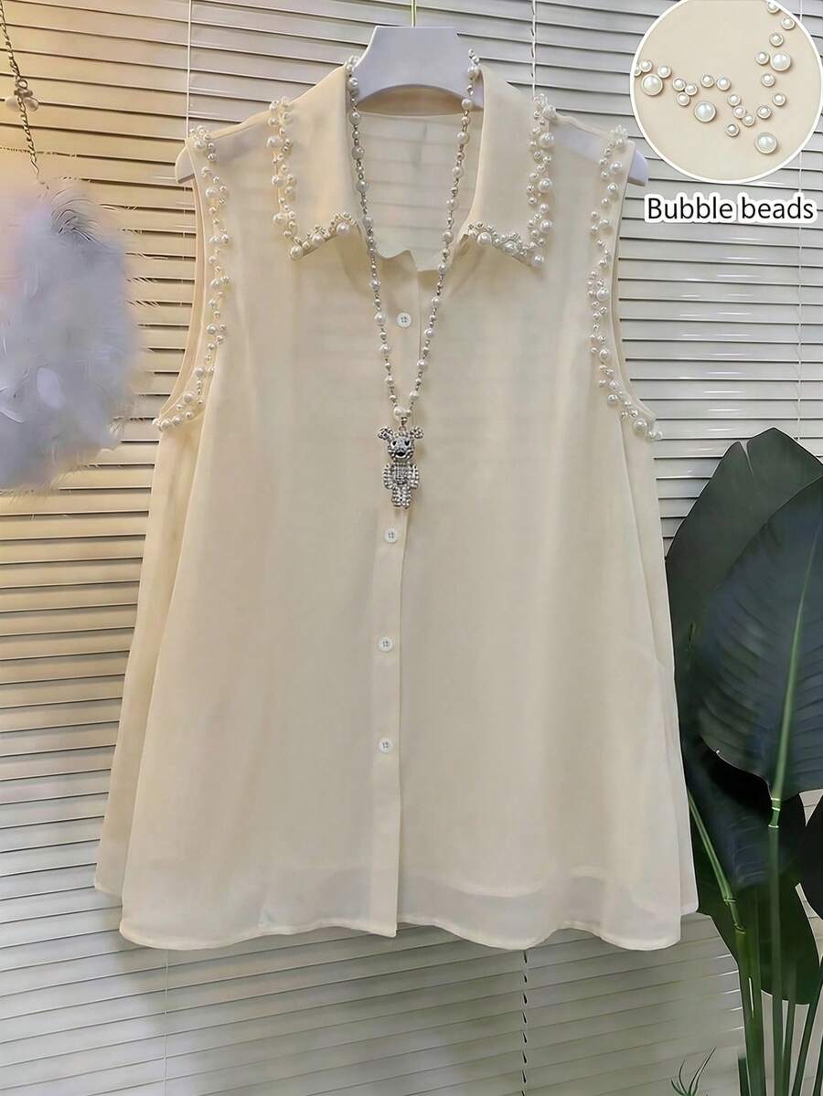 GlowEve New Design Beaded Sleeveless Chiffon Tank Top For Women, Spring/Summer - Apricot - View 1