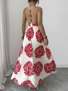 SHEIN Women's Printed Open Back Colorful Beaded Chain Decor A-Line Waist Flattering Bohemian Vacation Elegant Sweet Cute Daily Commute Fashion Date French Street Music Festival Retro Versatile Spring Summer Light Peach Red Pattern New Sleeveless Maxi Dress - Multicolor - View 2