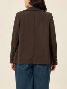 Juhart 大码女式休闲日常舒适灯芯绒罗纹金属扣装饰翻领西装外套，适合购物、聚会、通勤 - 棕色 - 查看 2