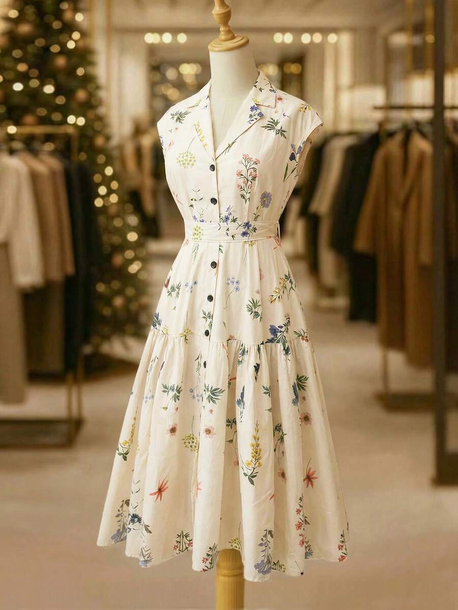 GlowEve CURVE Plus Size Women's V-Neck Floral Print Twist Ruched Fashion Date Party Dress, Suitable For Summer - Apricot - View 1