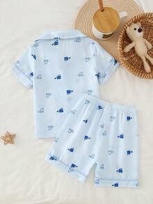 Young Boys Pajamas Set Summer Family Matching Button Front Short Sleeve Collar Shirt Short Pants Cartoon Car Blue White Striped Loungewear All Season - Blue and White - View 2