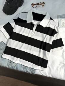 Comfortcana Plus Size Black Striped Loose Short Sleeve Polo Neck T-Shirt - Black and White - View 3