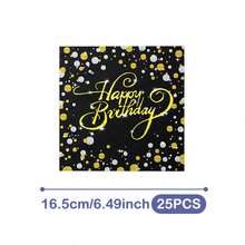 Bộ đồ dùng dùng một lần màu đen bóng, gồm đĩa, khăn ăn và cốc, in chữ "Chúc mừng sinh nhật", phục vụ 20 người. Bộ đồ dùng tiệc dùng một lần này (bao gồm đĩa, khăn ăn và cốc) rất phù hợp cho các bữa tiệc sinh nhật, đám cưới và dã ngoại gia đình. - Xem 9