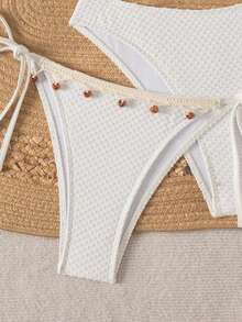 SHEIN Swim 3pcs Women's White Summer Casual Vacation Holiday Pool Party Knit Halter Neck Backless Tie Top,Knotted Triangle Bikini Set,Elegant Swimwear - White - View 4