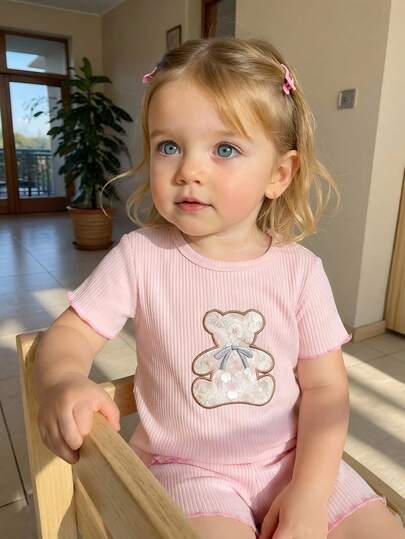 Souflis Souflis Baby Summer Sets New Arrival Casual Bear Embroidered Pattern Squishy Cotton Knit Pink Cute Tops Pink Shorts