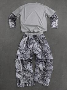 PAVTROS Men's Letter Print 2 In 1 Long Sleeve T-Shirt And Drawstring Waist Casual Pants Set - Grey - View 2