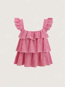 Olithes 休闲夏季甜美少女荷叶边短袖方领宽松显瘦可爱小众设计格子衬衫女装 - 紅白色 - 查看 1