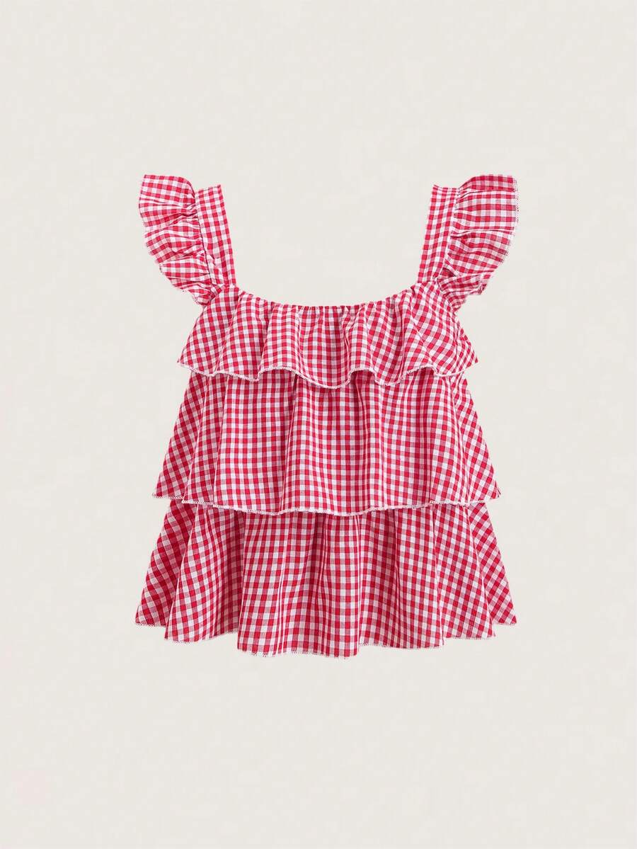 Olithes 休闲夏季甜美少女荷叶边短袖方领宽松显瘦可爱小众设计格子衬衫女装 - 紅白色 - 查看 1