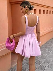 Selianne Standard Size Women's Ruched Waist Puff Dress, Wide Strap And Square Neckline Design - Pink - View 2