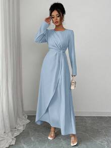 SHEIN Elenzya 女士纯色圆领褶皱优雅长袖连衣裙 - 淺藍色 - 查看 4