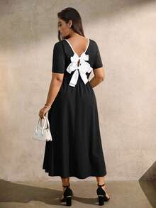 Juhart Đầm dài tay ngắn thắt nơ màu trắng thanh lịch, eo thon, khoét lưng cỡ lớn cho nữ - Đen và trắng - Xem 6