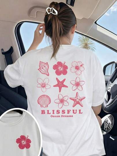Suitable For Vacation & Beach, Shell & Floral Print Girl Summer Casual All-Match Versatile Daily Commute Round Neck Loose Knit T-Shirt
