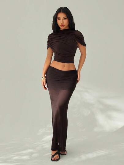 SHEIN PETITE Women's Spring/Summer Semi-Sheer Shawl-Sleeveless Top & Semi-Sheer Fishtail Skirt, Brown Two Pieces Set, Shawl Two Pieces Set