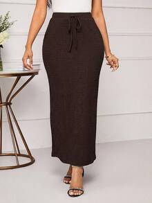 SHEIN Lady 女士纯色腰带口袋休闲长裙 - 咖啡棕 - 查看 4