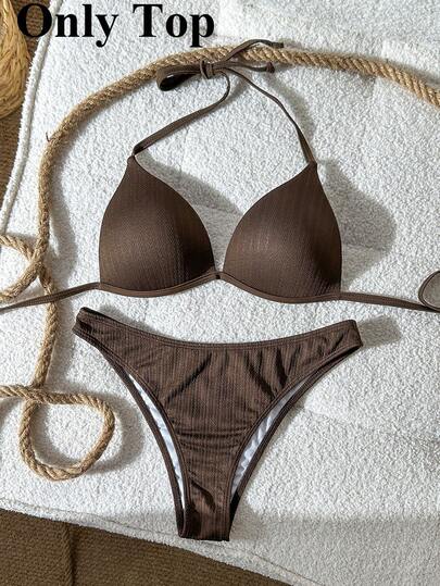 SHEIN Swim Women's Jacquard Fabric Halter Bikini Top, Spring/Summer