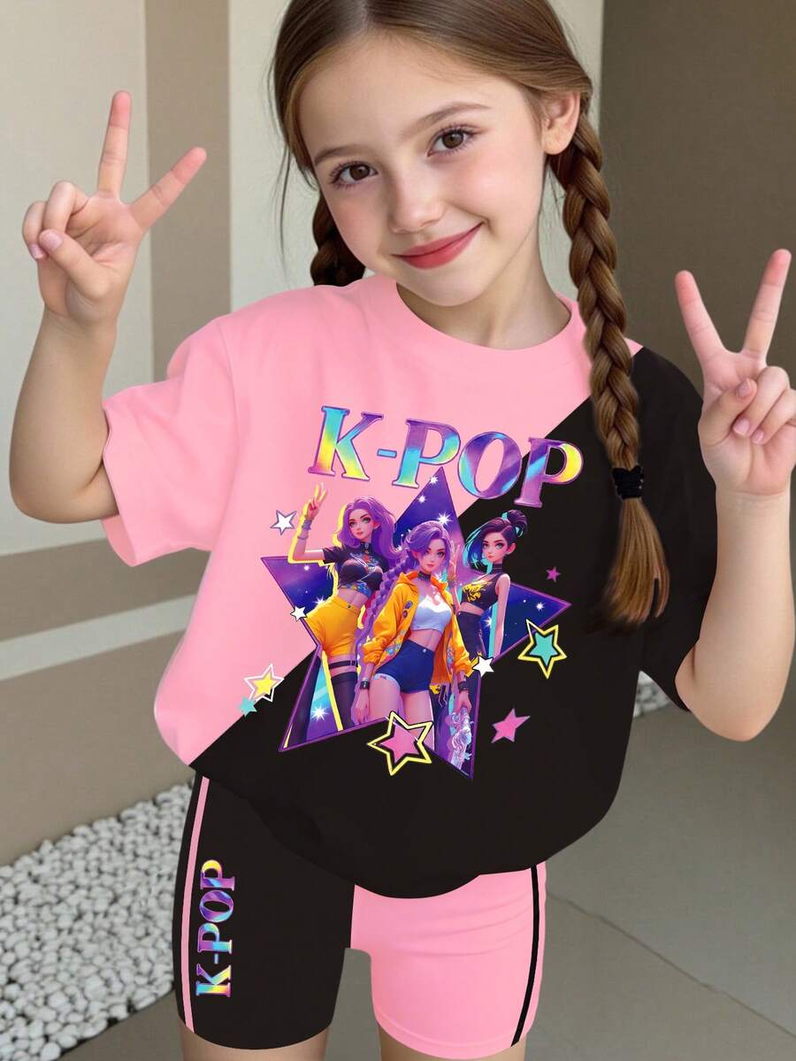 春夏少女休闲时尚创意个性清新简约酷炫虚拟少女团体彩色五角星浅粉色和黑色图案字母标语印花休闲基础款短袖T恤和打底裤套装，舒适日常穿着 - 彩色 - 查看 1