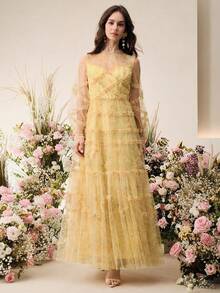 Anewsta 浅黄色圆领长袖无肩带半透明A字连衣裙，适合婚礼、生日派对、宴会等场合。 - 鵝黃色 - 查看 7