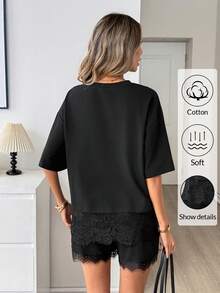 Easowa Bộ 2 món gồm áo thun cổ tròn tay ngắn màu đen bằng cotton và quần short lửng viền ren dành cho nữ, thích hợp cho trang phục thường ngày, lãng mạn hoặc đi nghỉ mát. - màu đen - Xem 6