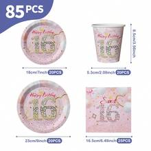 Bộ đồ dùng dùng một lần hình vương miện kim cương màu hồng kỷ niệm 16 năm, gồm đĩa, khăn ăn và cốc, phục vụ 20 người. Bộ đồ dùng tiệc dùng một lần này (bao gồm đĩa, khăn ăn và cốc) rất phù hợp cho các bữa tiệc sinh nhật, đám cưới và dã ngoại gia đình. - Xem 2