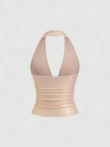 Sweetra Áo hai dây co giãn bằng vải thun, khóa kim loại sáng bóng, cổ chữ V hở lưng, kiểu dáng ôm sát cơ thể, thích hợp cho tiệc tùng, phong cách đường phố Y2K, màu nâu cà phê. - Màu be - Xem 2