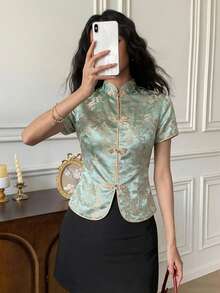 EastFlair 女士短袖上衣，提花圆盘纽扣设计，中国风 - 綠色 - 查看 4
