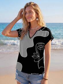 Sylviya 女士休闲简约抽象线条肖像印花衬衫 - 黑色 - 查看 4