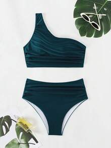 SHEIN Swim Bộ đồ bơi tankini xếp ly màu trơn dành cho nữ mùa hè đi biển - Xanh đậm - Xem 5