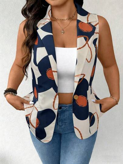 Ceyna Plus Size Women's Spring/Summer Fashionable Elegant Floral Print Thin Blazer