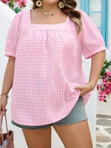 SHEIN CURVE+ Curve 尺码 US22 音乐节、海滨度假、波西米亚风女士休闲方领格纹泡泡袖衬衫 - 粉色 - 查看 3