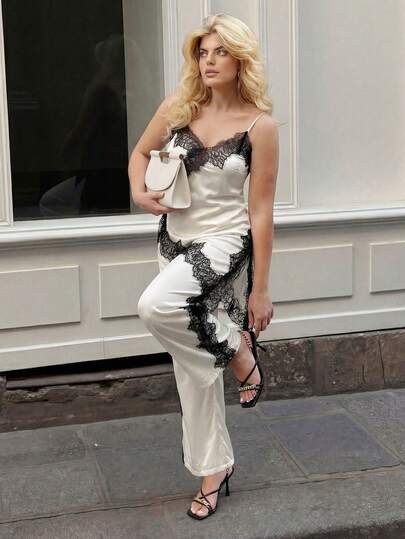 Dripcurv Set de 2 piese pentru femei Plus Size, cu tiv asimetric și dantela contrastantă, camisol și pantaloni