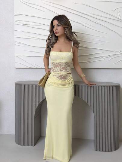 Jemour Summer Outfits For Women Yellow Spaghetti Strap Lace See-Through Summer Top & Low Waist Lace Mesh Patchwork Hip Tight Long Skirt/Yellow Two-Piece Suit/Vacation Two-Piece Suit/Two Piece Set Women/Summer Two Piece Set Honeymoon Outfits Woman,Valentine's Day,Valentine Outfits For Women