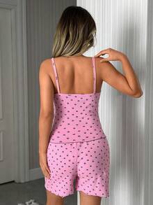 SHEIN Cute Pink And 2 Pcs Cotton Rib Knit Heart Pattern Pajama Set,Contrast Lace Detail Sleeveless Top&Shorts Homewear Comfort Casual For Summer - Pink - View 2