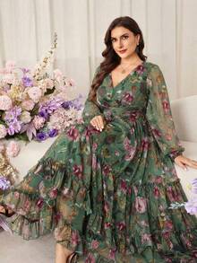 Modelyn Plus Size Women Floral Print Elegant Cinched Waist A-Line Dress - Green - View 4