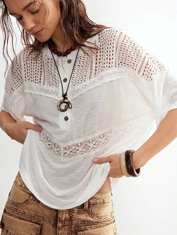 Bohemela Women's Contrast Lace Batwing Short Sleeve Button Design Casual T-Shirt
