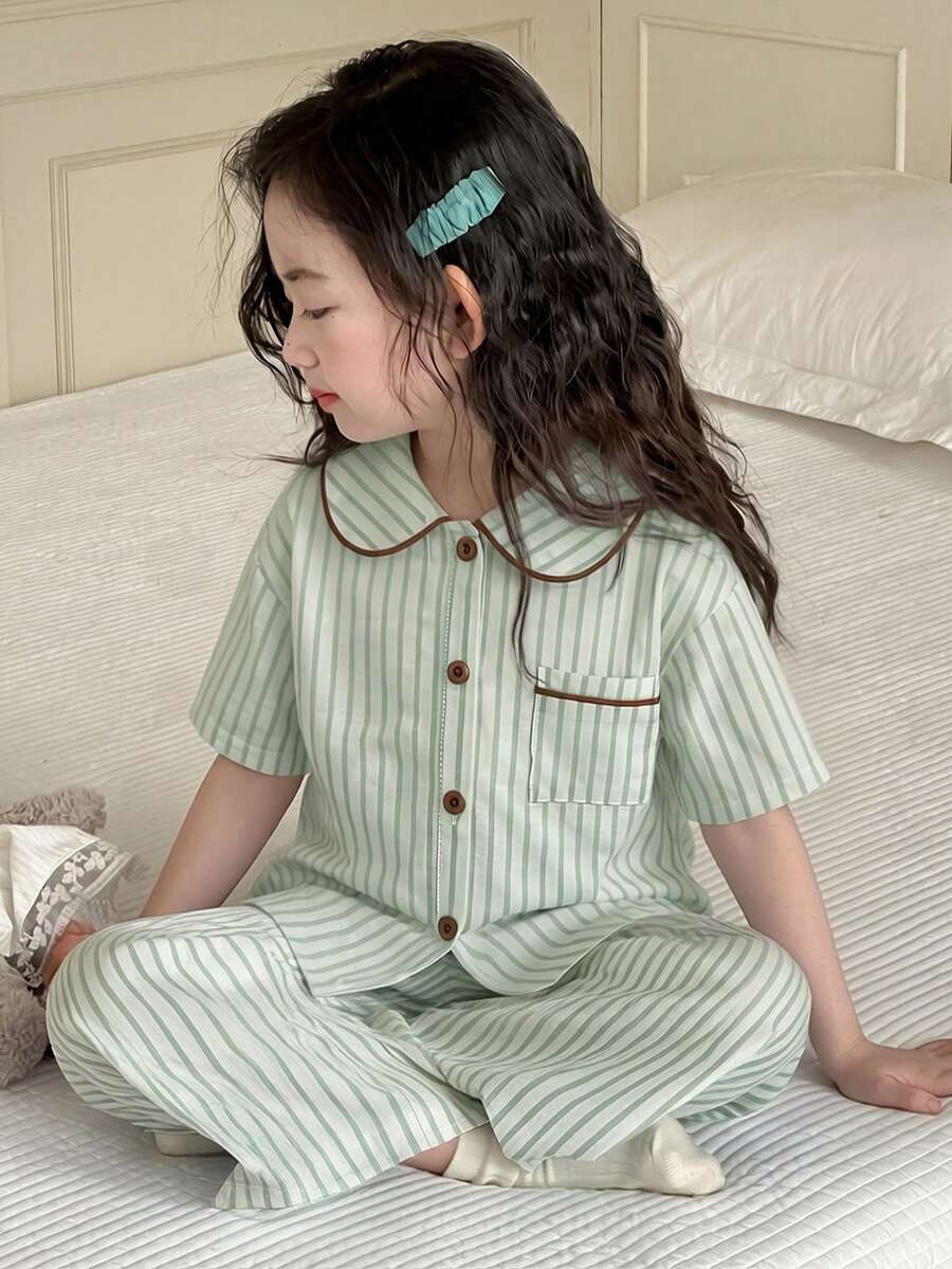 DAZY Piyama Set Musim Panas untuk Anak Perempuan Motif Garis-garis, Atasan Lengan Pendek Kerah Peter Pan dan Celana - Hijau - View 1
