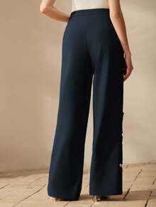 Anewsta Women's Elegant Embroidered Hollow Out Elastic Waist Straight Leg Pants, Suitable For Formal Occasions - Navy Blue - View 3