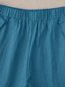 EMERY ROSE Pantalones casuales de mujer con decoración de botones y bolsillos en diagonal - Azul lavado medio - Ver 5