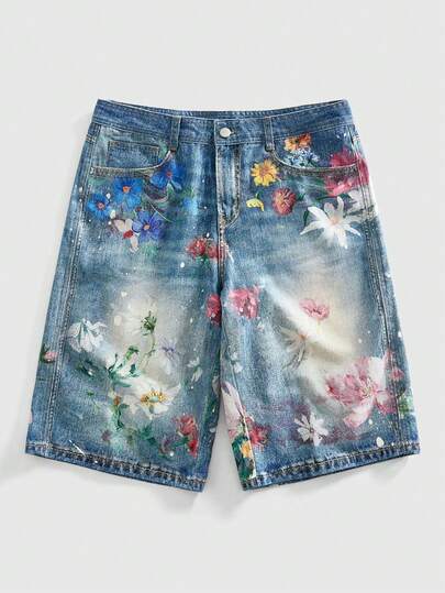 ROMWE MEN Printed Retro Loose Fit Casual Denim Shorts For Men, Summer