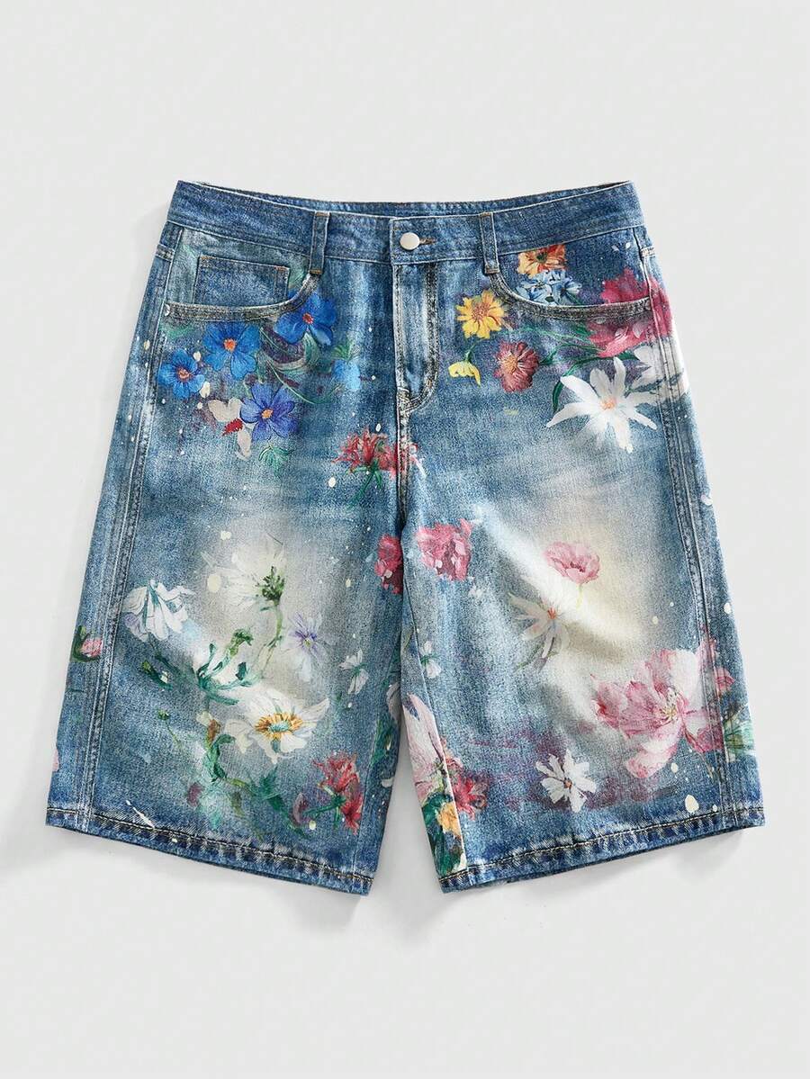 ROMWE MEN Printed Retro Loose Fit Casual Denim Shorts For Men, Summer - Blue - View 1