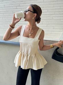 Siren Gaze 女士无袖方领荷叶边下摆纯色褶皱背心，适合日常、度假、夏季休闲穿着。 - 杏色 - 查看 6