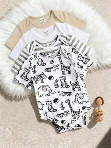 4pcs/Set Cute Knitted Cartoon Giraffe, Rabbit, Tiger, Crocodile Pattern Elastic Striped Short Sleeve Bodysuits, Basic Rompers Multi-Pack For Baby Boys And Girls,Kids - Multicolor - View 7