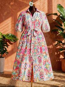 SHEIN CURVE+ 大码女式休闲腰果印花泡泡袖单排扣衬衫裙 - 彩色 - 查看 10