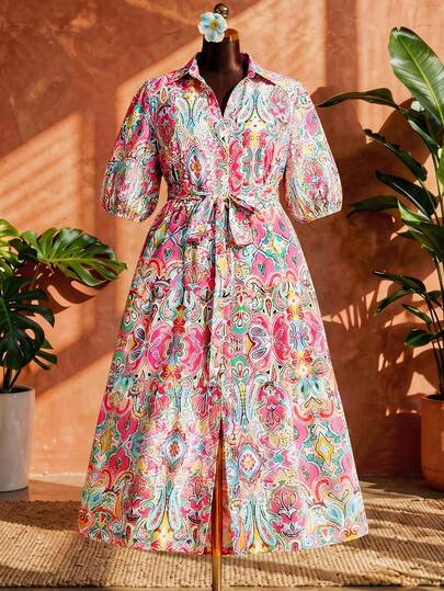 SHEIN CURVE+ Plus Size Women Casual Cashew Print Puff Sleeve Single-Breasted Shirt Dress