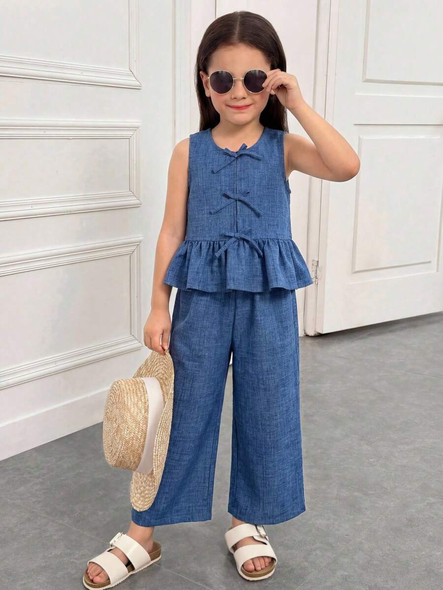 SHEIN 两件套女童格子圆领修身休闲上衣和宽松休闲裤 - 藍色 - 查看 1