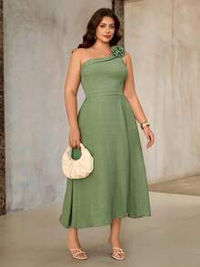 Roveilla Plus Size Women's Sage Green Summer Elegant Wedding Guest Maxi Dress, Floral Shoulder Strap Backless A-Line Party French Chic Dress - Green - View 4