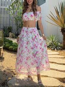 Lucivie 女士浪漫露肩碎花两件套 | 荷叶边短款上衣和长裙套装，性感优雅的春夏度假约会装 - 粉色 - 查看 6